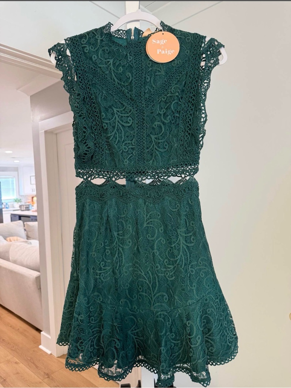 Sage Paige Women's Lace Cutout A-Line Dress in Deep Green
